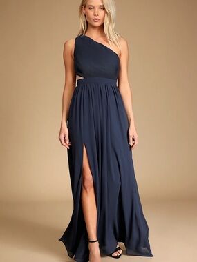 Lulu's Lovely Endings Navy Blue One-Shoulder Pleated Maxi Dress